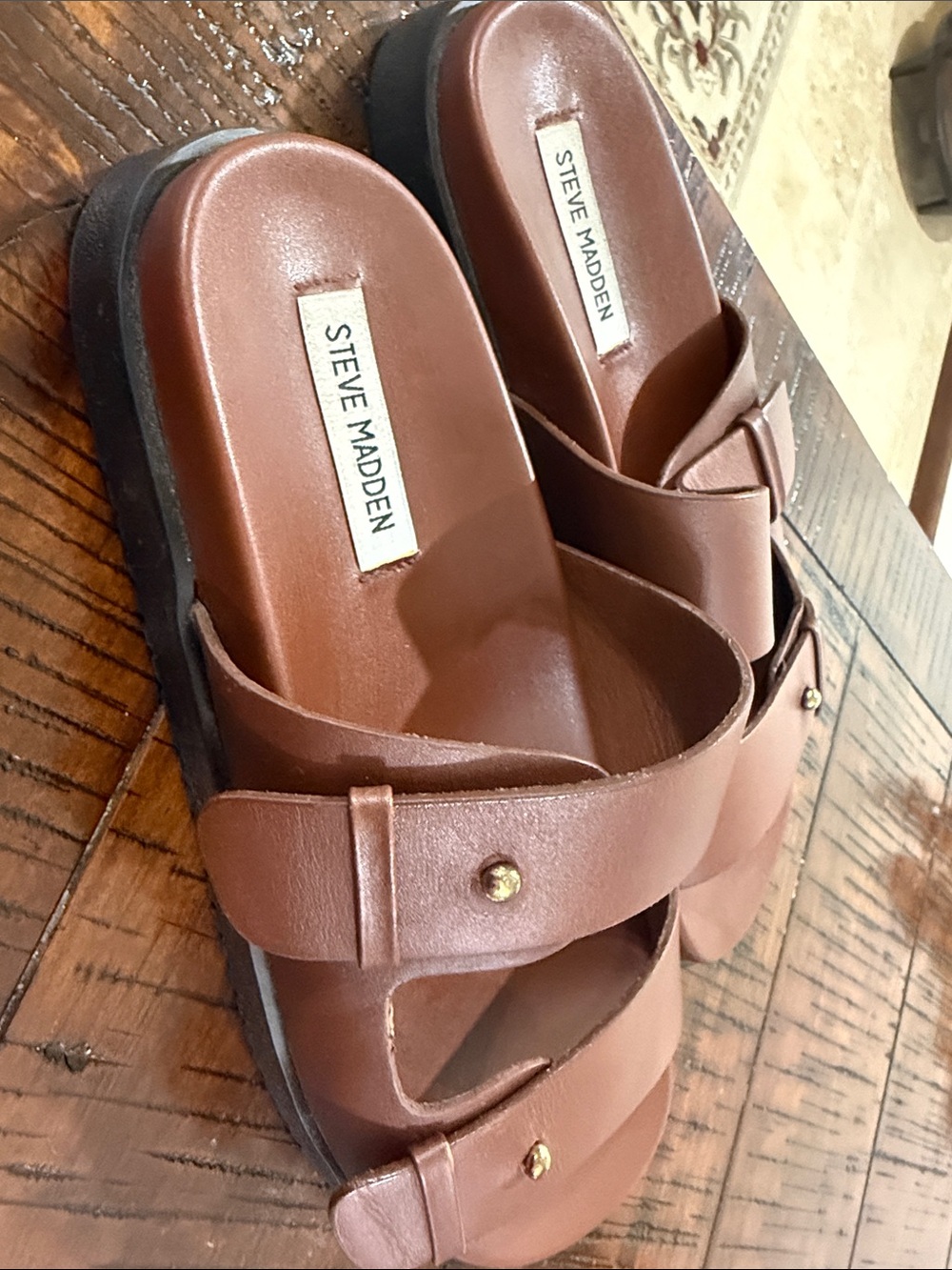 Steve Madden Brown Crossover Slide Sandals with Stud Detail
